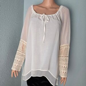 Milla White Crochet Lace Sleeve Tunic‎ Blouse Boho Sheer High Low Peasant Top M